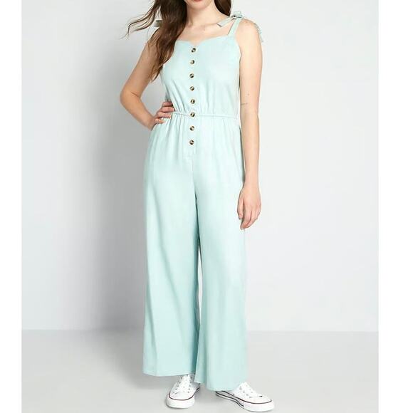 MODCLOTH Every Waking Momentum Jumpsuit Blue Linen Blend Tie-Shoulder - Sz S NWT - Picture 1 of 4